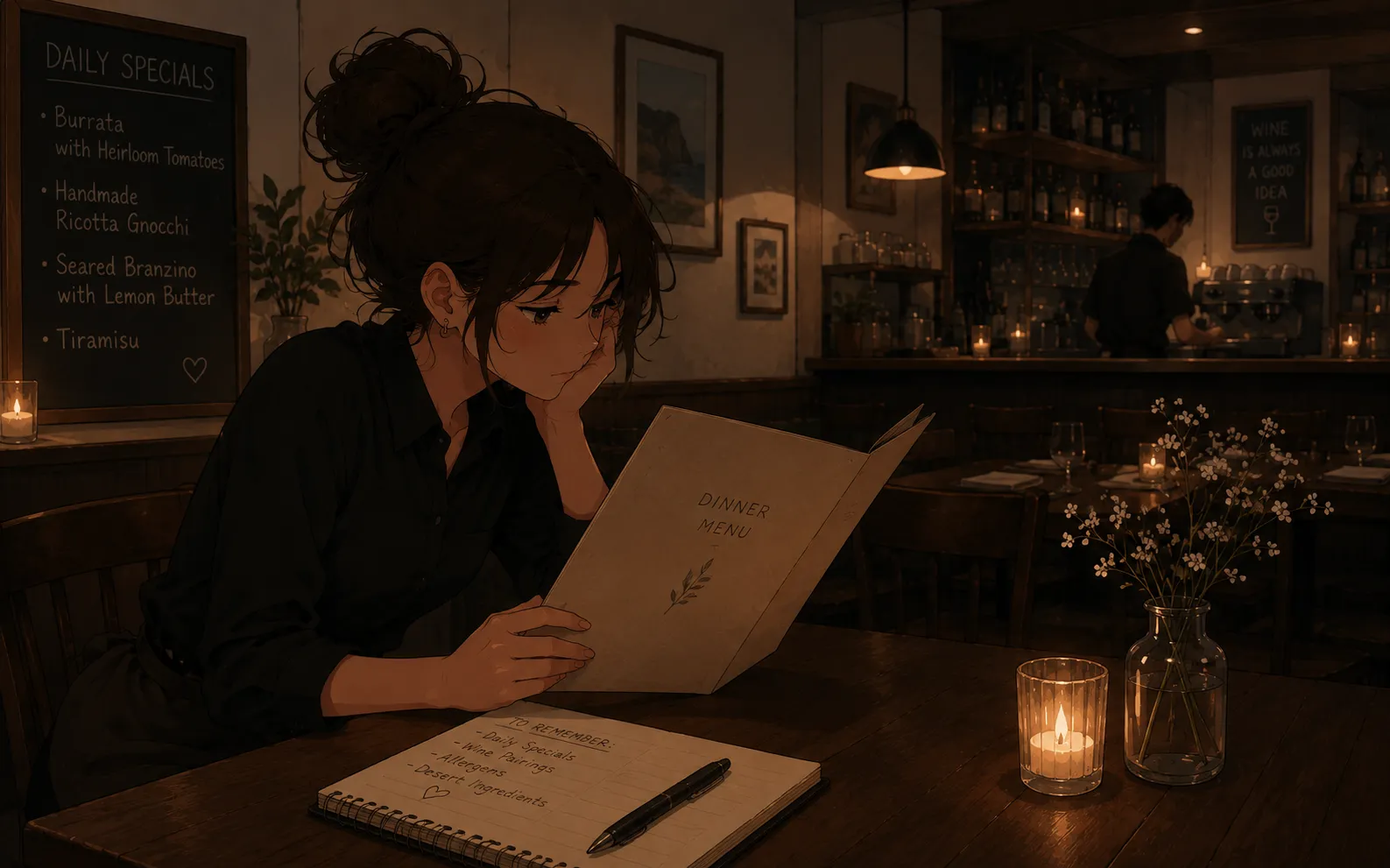 Illustration of a server studying a restaurant menu by candlelight, with a notebook and coffee