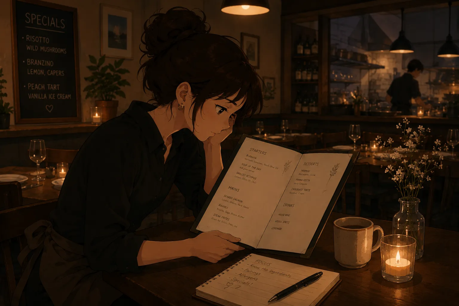 Illustration of a server studying a restaurant menu by candlelight, with a notebook and coffee