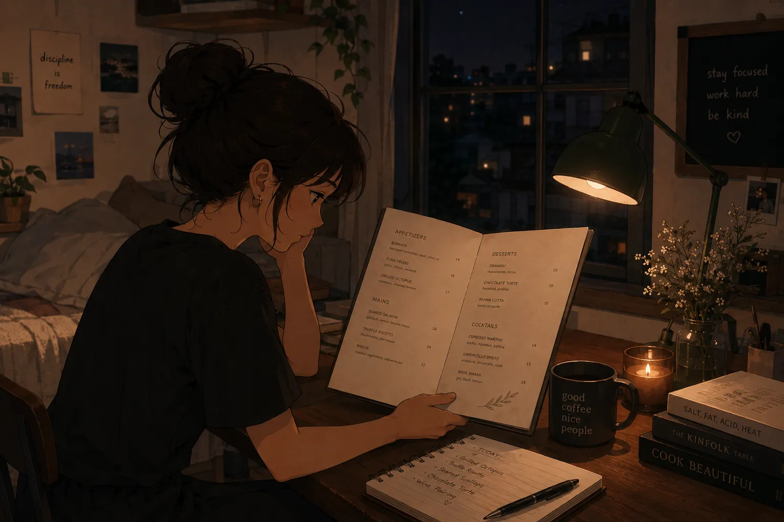 Illustration of a server studying a restaurant menu by candlelight, with a notebook and coffee